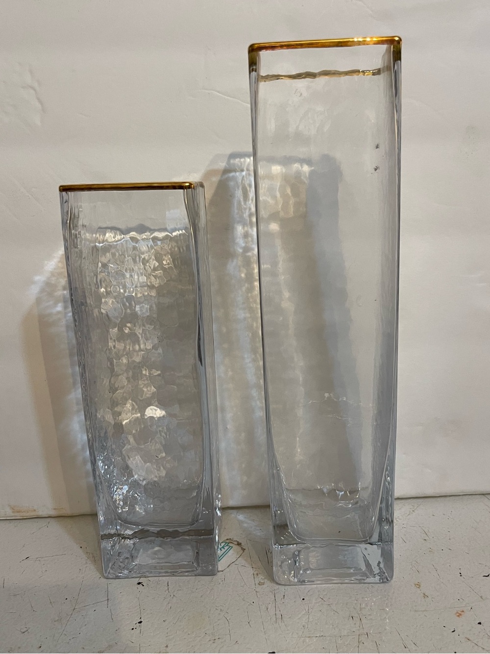 Elegant Square Glass Vase W/Hand Drawn Gold Gilt, 9.75& 8.75x2.25”Rippled Glass